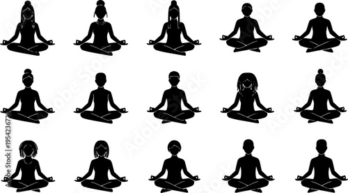 Set of Minimalist black person in lotus pose meditation silhouette vector icon
