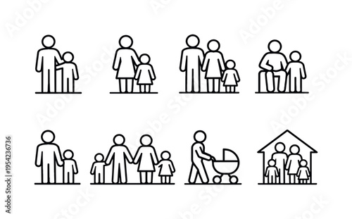 Household family members: father with son, mother with daughter, parents with two children, grandparent with grandchild, single parent with child, family holding hands, baby