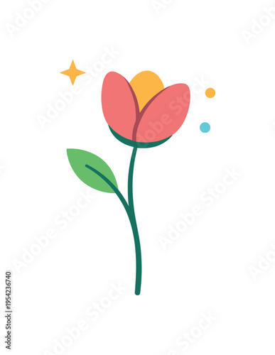 Minimal botanical composition highlighting graceful plant structure and delicate floral detail, a slender stem with a single stylized flower head paired with a small leaf element