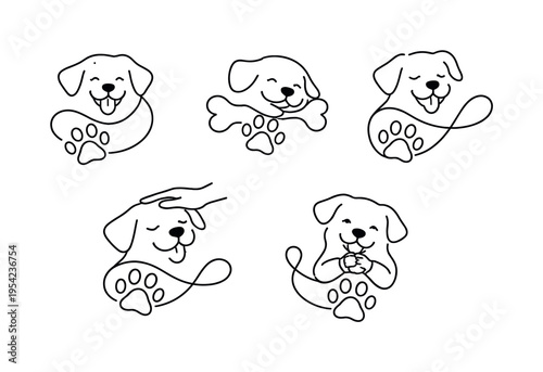 Dog faces collection representing pet care, companionship, and everyday life with animals in a friendly domestic environment, a minimal dog face outline smoothly transforming into