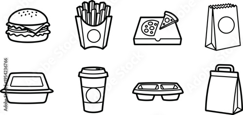 Fast Food and Takeout Line Icon Set — Burger, Fries, Coffee, Pizza Box, Tray, Bag Outline Symbols