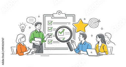 Managers and employees participating in an evaluation assessment meeting where feedback and performance insights are discussed to guide future development, representing workplace