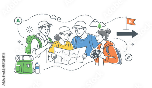 A group exploring outdoor hiking routes while referencing a simplified travel map, focusing on navigation, planning, and shared adventure experiences, visualized through a clean