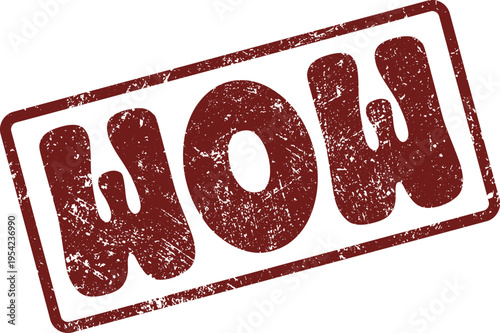 Excited WOW exclamation mark in a distressed textured rectangular stamp design