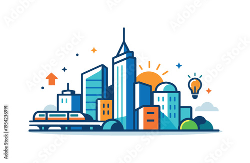 Modern urban development and dynamic metropolitan living focused on opportunity, innovation, and everyday movement within growing cities, a clean geometric skyline silhouette