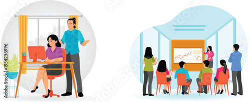 Office workers collaborating and presenting