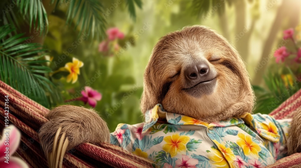 Fototapeta premium Relaxed Sloth Wearing Floral Shirt Lounging in Hammock in Nature