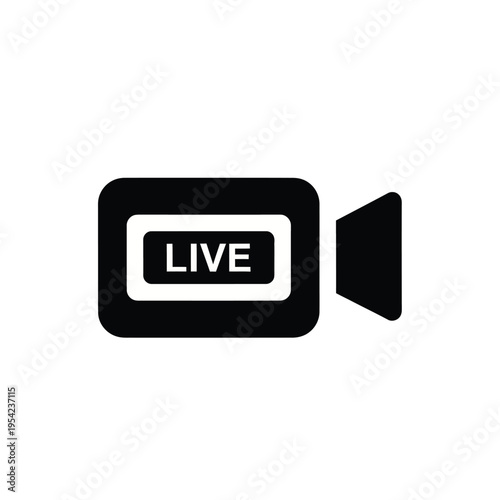 A simple black and white icon of a video camera displaying the word 'live' on its screen, symbolizing live streaming or broadcasting.