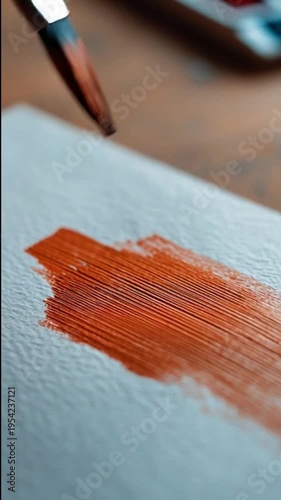 Close-up of an artist painting a bold orange brushstroke on white canvas.