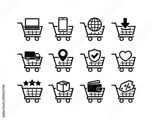 Online shopping and e commerce cart: shopping cart with laptop, shopping cart with mobile phone, shopping cart with globe, cart with download arrow, cart with delivery truck, cart