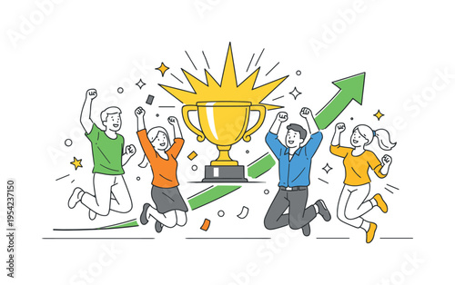 A dynamic teamwork celebration scene showing colleagues jumping with excitement after achieving an important milestone together, illustrated through a visual metaphor of a trophy