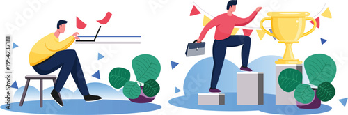 A man working on laptop and another man on podium with trophy