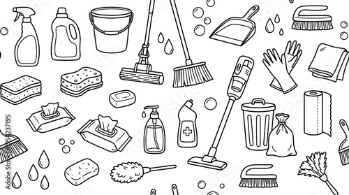 House cleaning supplies theme with fresh tidy home feel, doodle objects including spray bottle, detergent bottle, bucket, mop, broom, dustpan, sponge, scrub brush, rubber gloves,