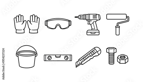 Builder work essentials: work gloves, safety goggles, drill, paint roller, bucket, level tool, utility knife, bolt and nut
