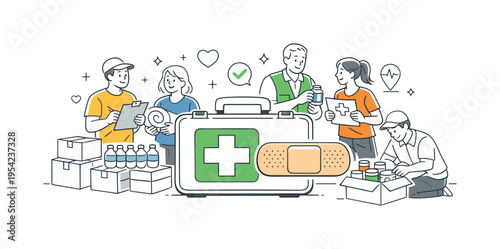 Community volunteers organizing emergency supplies while reviewing basic medical support resources for public safety preparedness, representing cooperation, care, and responsible