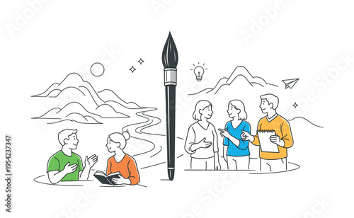 Creative team exploring traditional Chinese ink landscape aesthetics while discussing visual storytelling and cultural inspiration, representing respect for classic artistic