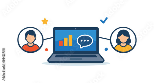 Distributed remote teamwork workflow centered on digital collaboration and shared productivity across locations, a laptop linked with two small user profile icons by simple lines