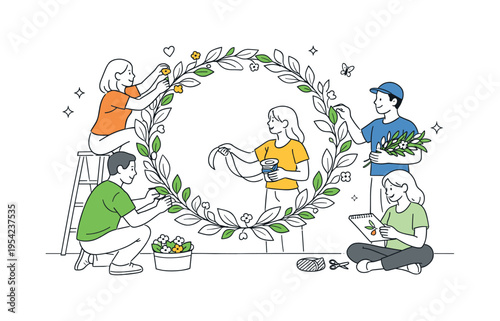 Botanical design and decorative composition concept showing people creating elegant natural ornaments for branding and invitations, using a circular wreath of leaves and small