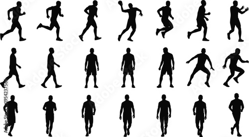 Black male athlete silhouettes set featuring men in various active poses including running walking jumping and playing sports isolated on white background for fitness.