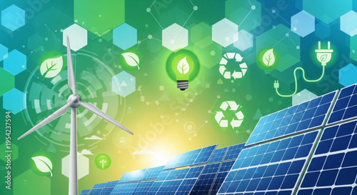 Green energy concept. Renewable energy resources with solar panels, wind turbine, and eco icons on a futuristic green digital background. 