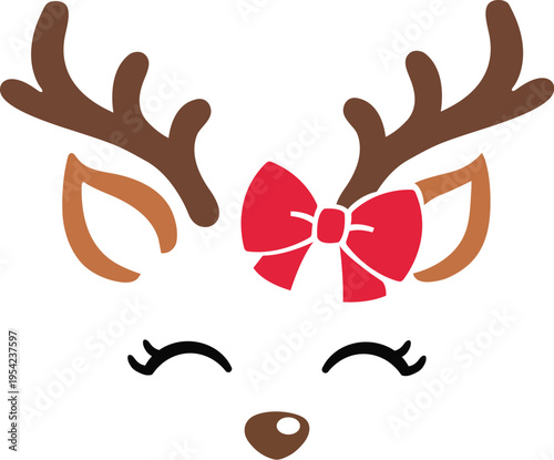 A cute cartoon reindeer face with a red bow on its forehead and closed eyes