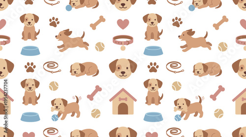 Cute puppy character seamless pattern for pet lovers and playful lifestyle themes featuring sitting puppy, running puppy, sleeping puppy, wagging tail puppy, puppy with bone, puppy