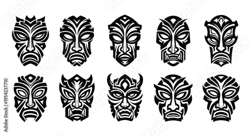 A collection of Abstract tribal masks with unique designs on a white background, showcasing various facial expressions and ornate patterns