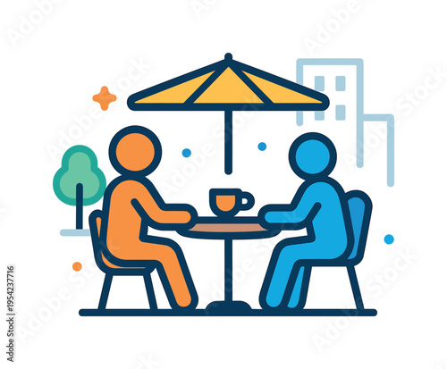 City social life concept focused on friends or colleagues meeting at a cozy street cafe terrace to relax and talk during a daily break, two simple human figures seated at a round