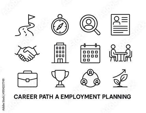 Career path and employment planning: roadmap path with flag, compass, job search magnifying glass, resume document, handshake agreement, office building, calendar schedule