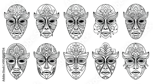 A collection of ten abstract tribal masks with intricate designs and patterns on a white background in a flat lay composition with a neutral and artistic mood