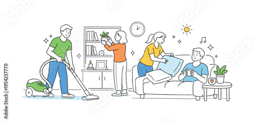 Hygiene and lifestyle improvement concept illustrating individuals creating a clean and pleasant home environment to support daily comfort and health, using a vacuum cleaner and