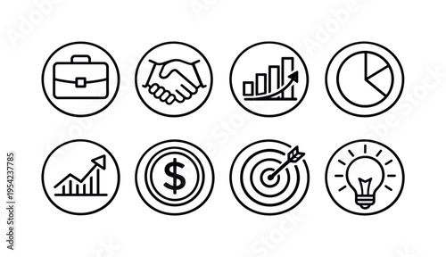 Round business symbols: briefcase inside circle, handshake inside circle, bar chart inside circle, pie chart inside circle, upward arrow growth inside circle, dollar coin inside