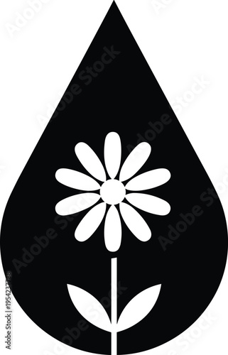 Black water drop silhouette with white flower and leaves inside isolated on white background for eco friendly nature beauty and organic concept design