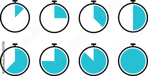 A series of eight pie charts in ovals showing progressive filling of blue color