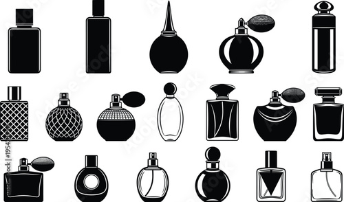 Collection of perfume bottle silhouettes with various spray and pump designs including glass jars and luxury fragrance containers isolated on white background for beauty design