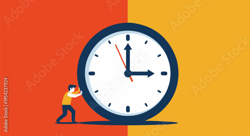 Man pushing a large analog clock against a red and yellow background, representing time management and deadlines vector
