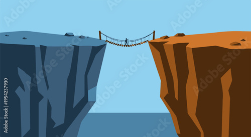 Man crossing a dangerous rope bridge between two high cliffs over a deep chasm, vector illustration