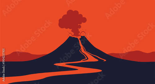 Erupting Volcano with Flowing Lava Vector Illustration on Red Sky Background