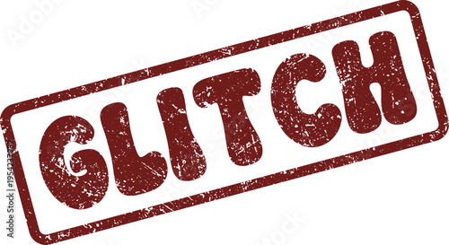 Distorted red grunge effect stamp GLITCH text signals system error and digital disruption
