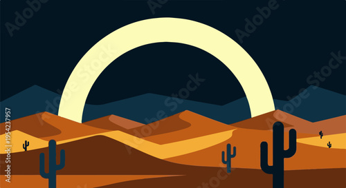 Minimalist desert landscape vector illustration with glowing crescent moon and saguaro cacti at night