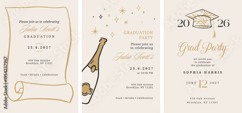 Class of 2026 elegant vintage graduation party and prom invitations with black and gold hand drawn line art elements.
