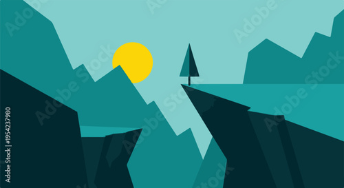 Minimalist vector illustration of a lone pine tree on a cliff edge with mountains and sun in teal and yellow