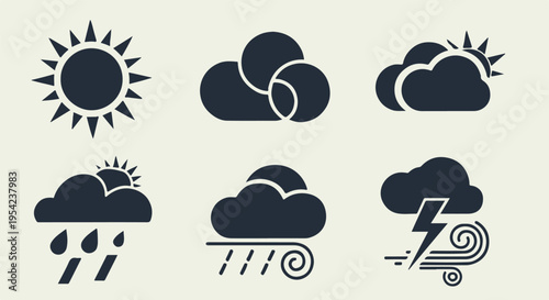 Set of 6 weather forecast icons vector with sun, clouds, rain, and wind for web design