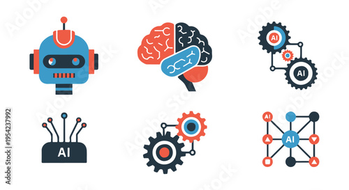 Set of 6 Artificial Intelligence and Machine Learning Vector Icons for Technology and Innovation
