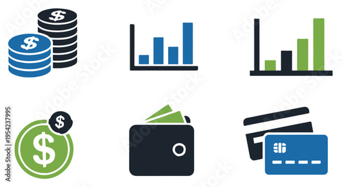 Set of 6 Finance and Business Icons Vector: Money, Charts, Wallet, and Credit Cards