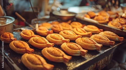 Small Korean marketplace vendor sell warm Bungeo ppang fish shaped pastry filled sweet red bean paste clean professional stock photo sharp macro photography style cinematic realism ultra