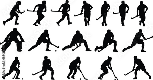 Field hockey player silhouettes collection featuring athletes in action poses including dribbling passing shooting and goalkeeper stance isolated on white background for sports design