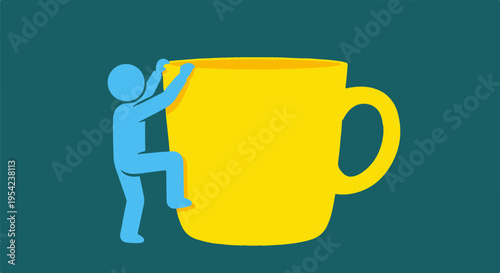 Blue stick figure person climbing a large yellow coffee mug or tea cup, symbolizing challenge, effort, and overcoming obstacles in a simple vector illustration.