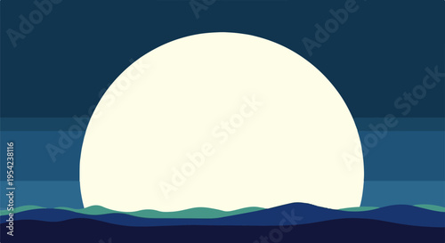 Bilde på lerret Minimalist full moon rising over dark ocean waves at night vector illustration b