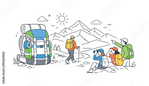 Outdoor adventure travel scene where a backpacker hikes along a mountain trail while companions observe the surrounding alpine landscape, a large hiking backpack and layered